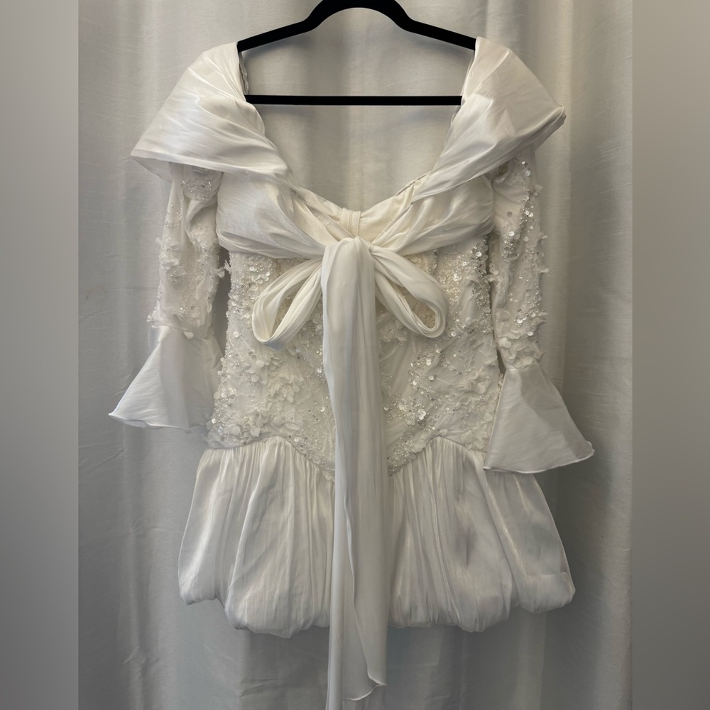 Elegant White Sequin Dress with Bow